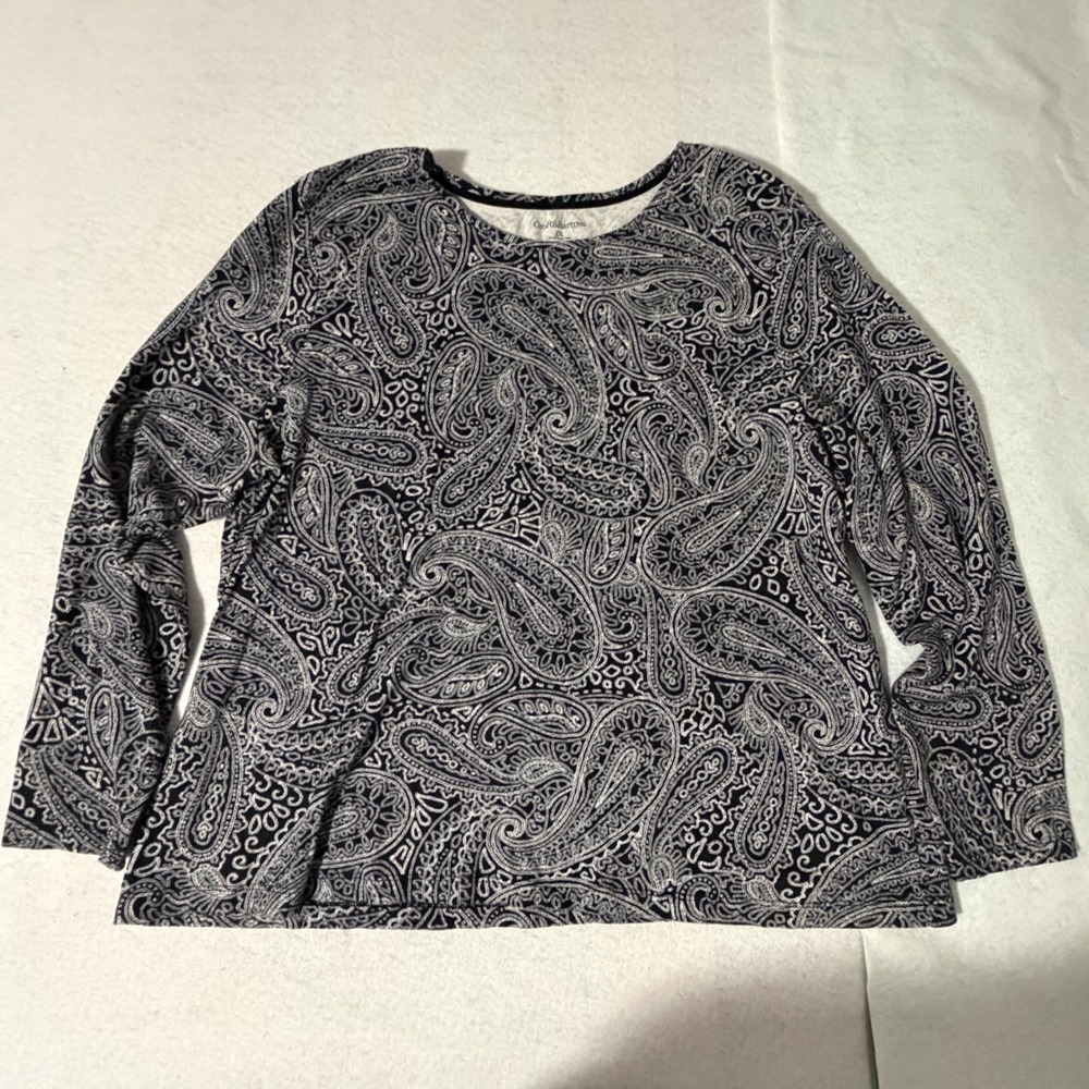 Croft & Barrow Womens 2X Navy White Paisley Cotton Long Sleeve Crew Neck Tee